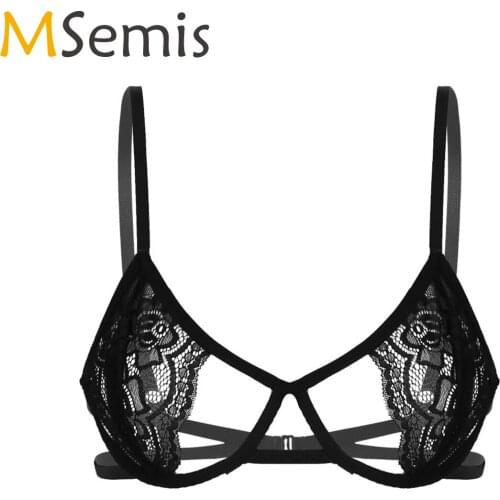 MSemis Womens Exotic Bras Tops Hollow Out Sissy Lace Bra Open Cup Hole Sissy Spaghetti Strap Brassiere for Lingerie Underwear
