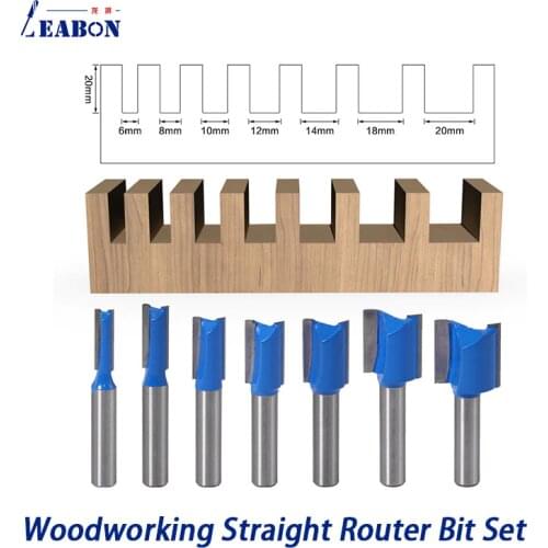 DIY Tool 7pcs 8mm Shank Woodworking Straight Router Bit Set Carpenter Milling Cutter Knife 6mm - 20mm Cutting Diameter