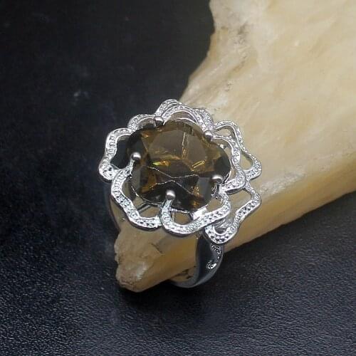 Gemstonefactory Jewelry Big Promotion Single Unique 925 Silver Attractive Smoky Topaz Women Men Gifts Rings 8# 20212826