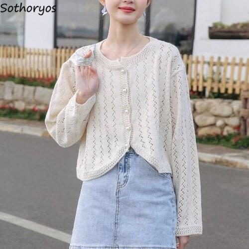 Women Gentle Cardigan Comfort Leisure Solid Crop Top Hollow Out Irregular Students Korean Style Knitwear Trendy Females Sweaters