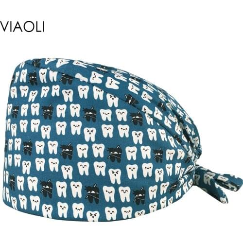 VIAOLI Unisex cartoon tooth printing Caps pet grooming dustproof work hats scrubs cap with sweat-absorbent Beautician work caps