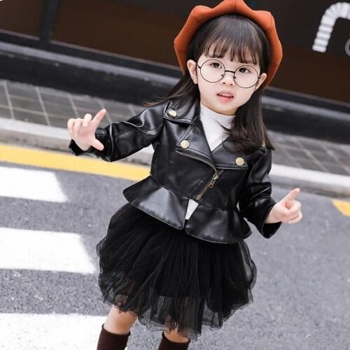 2019 Spring Autumn PU Leather Girls Short Jacket Childrens Fashion Leather Jacket Kids Faux Leather Tops