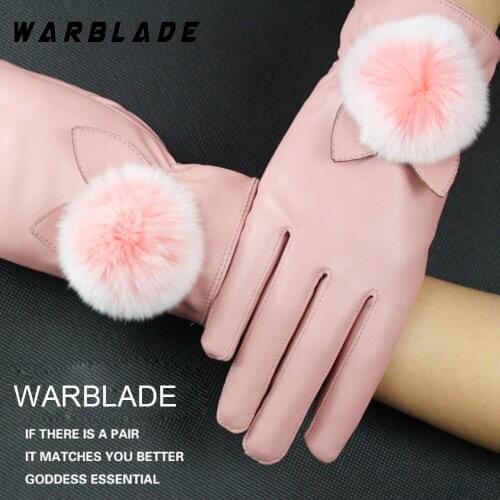WarBLade Fashion Women Warm Thick Winter Gloves Leather Elegant Girls Brand Mittens Free Size With Rabbit Fur Female Gloves