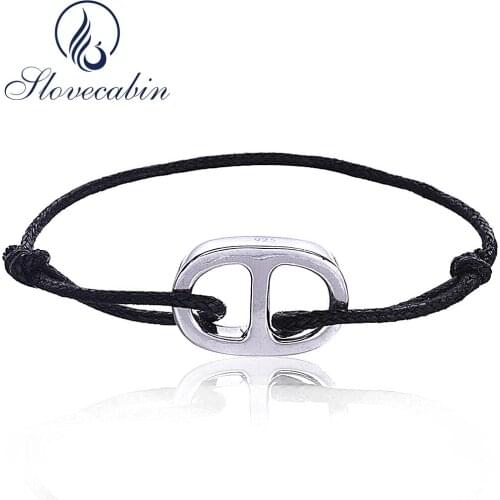 Slovecabin Adjustable Silver Cuff Bracelet Real 100% 925 Sterling Silver Nautical Black Rope Bracelets For Women & Men Jewellery
