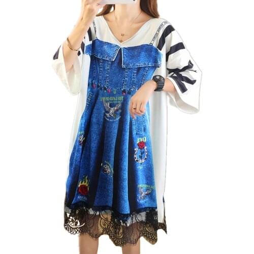 Summer New Women Fake 2 Pieces 3D Denim Print Dress Fashion Shirt Dresses Oversized Casual Stitching Wave Lace Edge Sundress