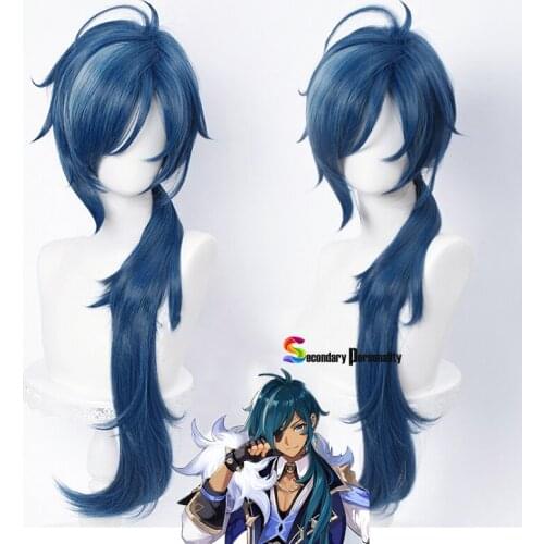 Anime Wigs Genshin Impact Kaeya Cosplay Men 80cm Long Ink-blue Wig Cosplay Costume Heat Resistant Synthetic Hair Peluca