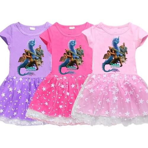 Princess Raya and The Last Dragon Girls Tshirt Dress Fashion Cartoon Clothes Kids Short Sleeve Net Birthday Party Costume Outfit