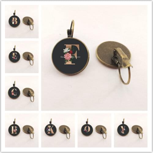 Creative 26 English letters 1PC earrings black flower letter design round handmade glass female earrings jewelry