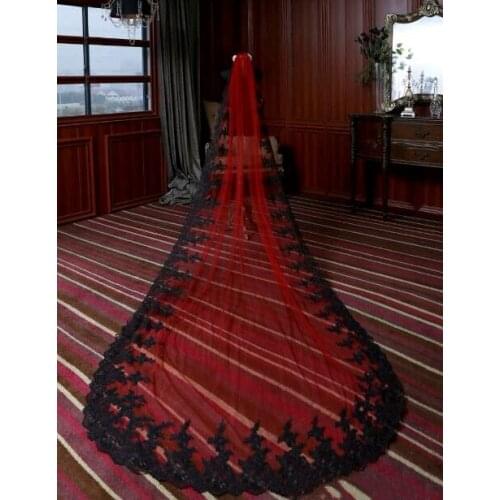 Bridal Veils Black Lace Edge Tulle Cathedral Wedding Veil Red Black Ivory White 300CM