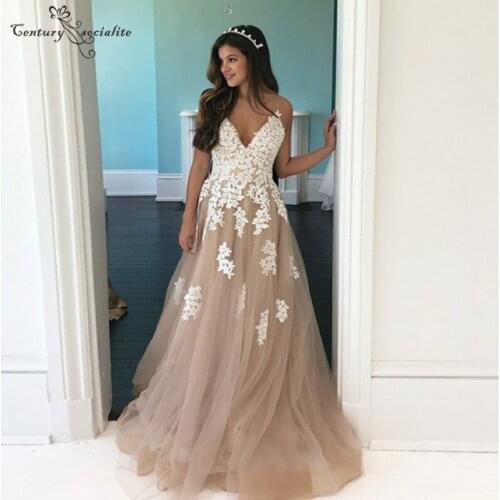 Gorgeous Champagne Prom Dresses Long Lace Appliques Straps Zipper Back A-Line Evening Gowns Formal Party Dress Vestidos De Festa