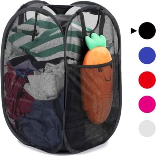 High quality Empty Mesh Laundry Hamper with Handles Collapsible Storage bag Folding Pop Up Clothes Hampers