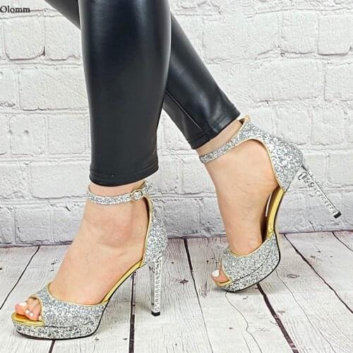 Olomm Women Summer Glitter Sandals Ankle Strap Stiletto Heel Peep Toe Fabulous Silver Gold Party Shoes Women US Plus Size 5-10.5