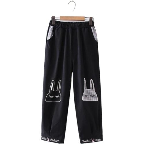 Women Pants Cartoon Rabbit Embroidery Pocket Straight Pants 2020 Autumn Loose Elastic Waist Female Trousers Casual Bottoms