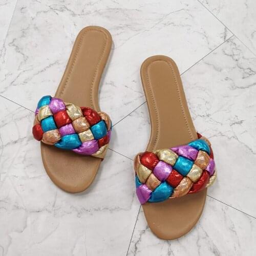 Womens Slippers Colored Ladies Summer Shoes Flat Heel Outside Wear Rubber Sole Slip on Leisure Leather Woman Slides Wholesale