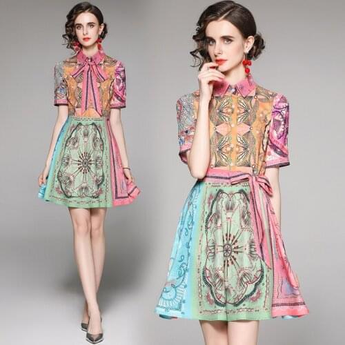 England Style Designer Print Birthday Dress for Women Vintage Office Lady Summer Dress 2021 Short Sleeve French Mini Shirt Dress