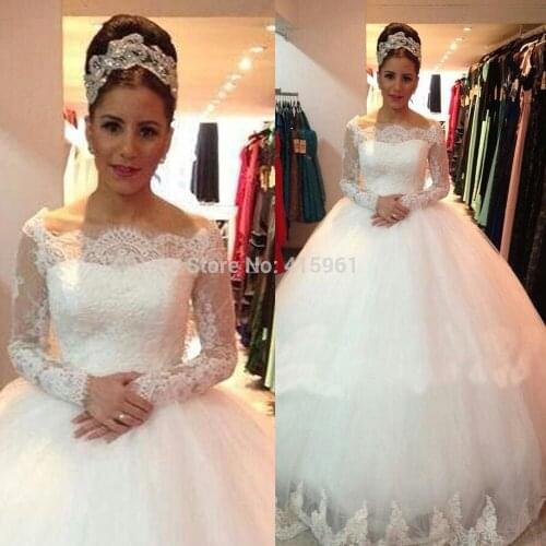 2018 Vestido De Noiva Elegant Long Sleeve Lace Plus Size Wedding Dress Ball Gown Bridal Gowns Tulle Casamento W3755