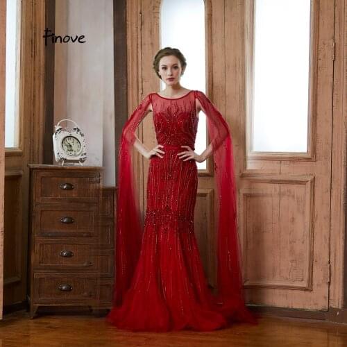 Finove New Evening Dresses 2020 Red Illusion Tulle Fully Beaded Elegant Mermaid Formal Party Dress Gowns For Woman Plus Size