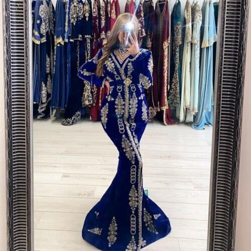 Velour Moroccan Caftan Arabia Evening Dress Royal Blue V Neck Appliques Long Sleeves Algerian Dubai Mermaid Prom Formal Dress