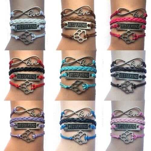 11 Colors Mixed Handmade Leather Wrap Infinity Love/Best Friend/PAW Charm WRAP Bracelet For Dog Cat Puppy Love Gift