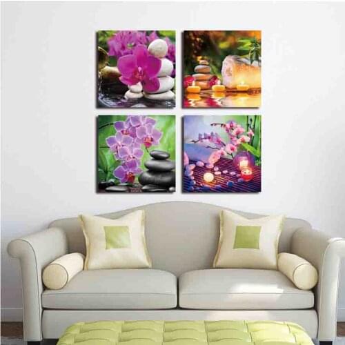 4 Pieces DIY Diamond Painting Stone Bamboo Pink Waterlily 5D Diamond Embroidery Cross Stitch Rhinestone diamond Mosaic wall art