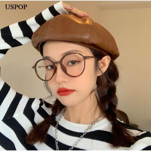 USPOP PU beret hat Women Berets PU Leather Cap solid color octagonal berets
