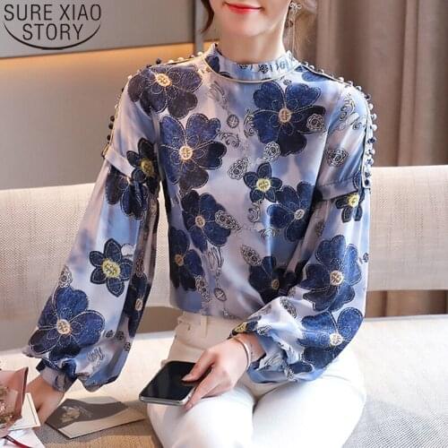 Women Blouses Blusas Mujer De Moda 2021 New Autumn Chiffon Blouse Long Lantern Sleeve Shirt Stand Collar Print Blouse Tops 16590