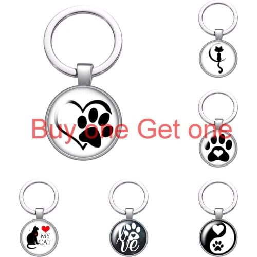 Love Cat Pet Footprints Dogs Glass Cabochon Keychain Bag Car Key Chain Ring Holder Charms Silver Color Keychains for Women Gifts
