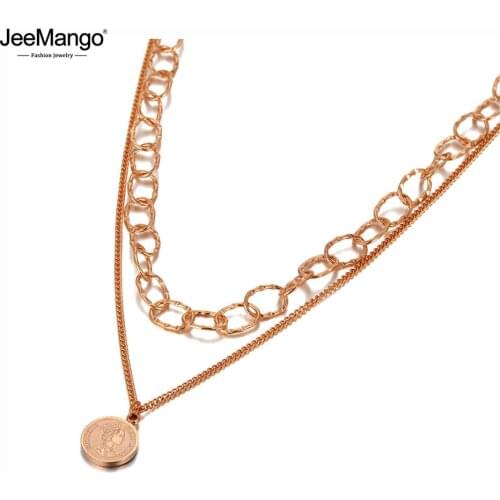 JeeMango Bohemia Stainless Steel Double-layer Choker Necklace Queen Charm Pendant Chain Link Jewelry For Women цепочка JN20049