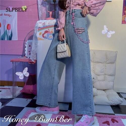 SLPBELY Heart Print Jeans Pants Sweet Embroidery High Waist Pants Denim Pants For Women Wide Leg Jeans Trousers Jeans With Belt
