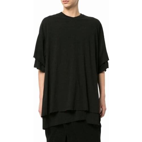 Men Oversize Short Sleeve Double Layer Design Loose Casual Black T Shirt Male Streetwear Hip Hop Punk Gothic Tshirt Tees Shirts