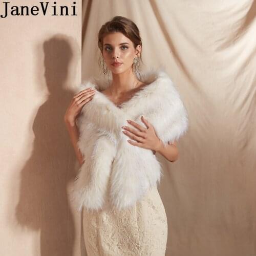 JaneVini 2019 Winter Faux Fur Wrap for Brides Bridesmaid Etole Women Wedding Coat Fur Stole Bridal Shawl Cape Wraps Bolero Ivory