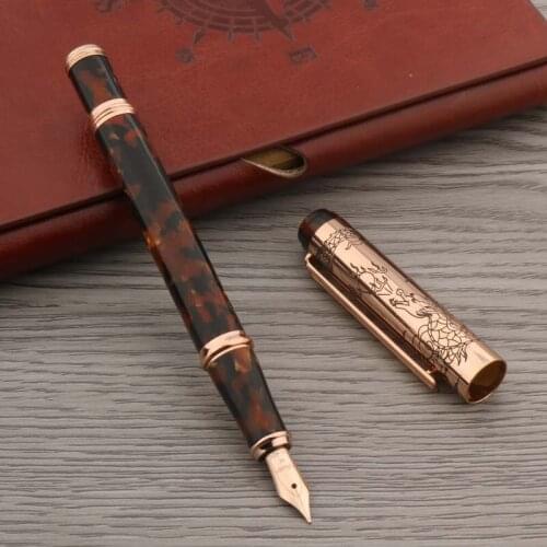 Classic Celluloid Nitrate Fountain Pen Copper Antique Sculpture Dragon 10K Gold Nib Stationery School Supplies Ink Pens