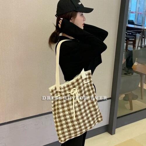Korean Women Big Totes Shoulder Bag Wool Weaving Vintage High-Capacity Houndstooth Drawstring Soft Lady Shopping Handbag