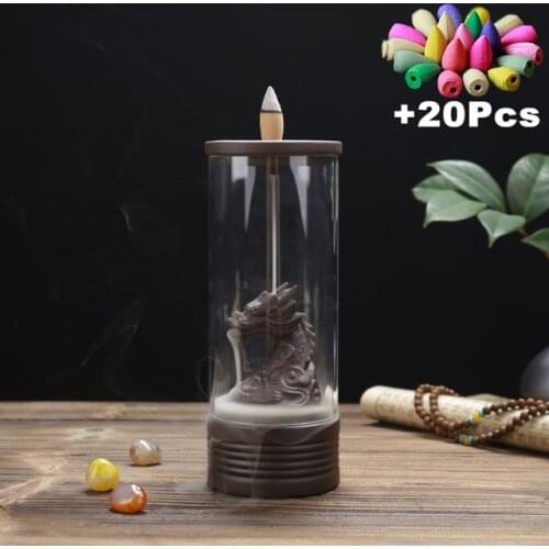 20Cones Chinese Dragon Incense Burner Ceramic Waterfall LED Light Incense Cones Holder Aroma Censer With Acrylic Windproof Cover