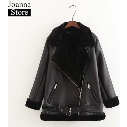 Winter New Lapel Thick Fur One Warm Coats PU Leather Punk Thick Motorcycle Jacket Women Faux Rabbit Fur Oversize Bomber jackets