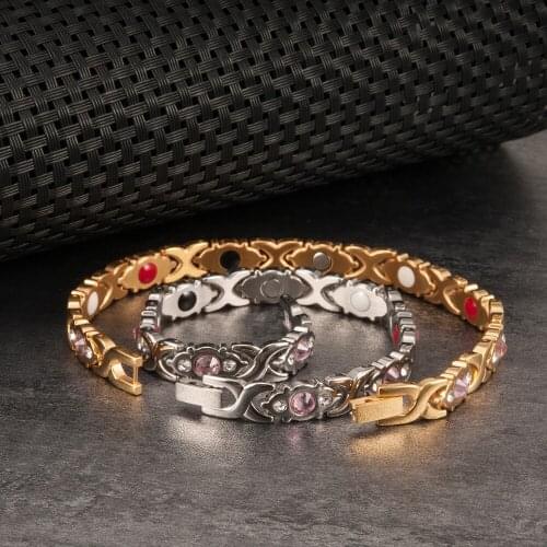 Magnetic Bracelet Women Pink Crystal Gold-color Stainless Steel Bracelet Women Cross Health Energy Magneitc Bracelets for Women