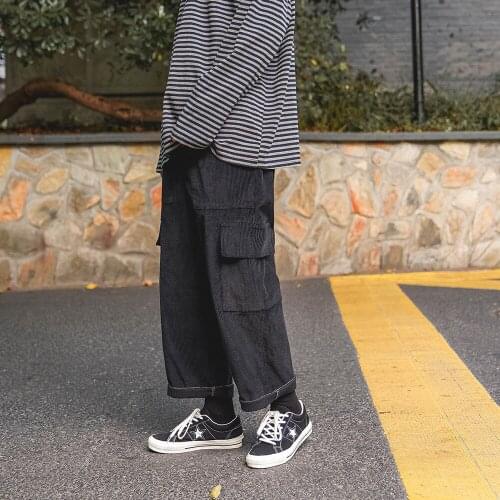 Men Vintage Straight Casual Trousers Streetwear Wide Leg Big Pockets Pants Male Clothing Hot Sale Winter Corduroy Cargo Pants