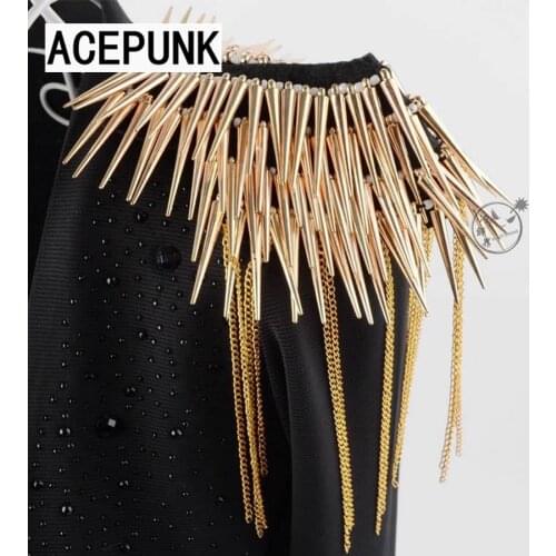 2020 New Fashion Men Shoulder Epaulet Men Party Rivet Punk Accessories Kpop Handmade Fringed Pikes Brooch Tassel Metal Epaulette