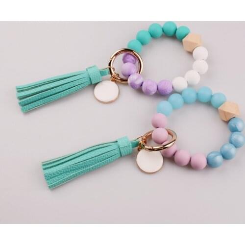 2021 New Fashion Silica Gel Beads Bracelets Keychain For Women Men Simple Trend PU Leather Tassle Pendant Bangle Key Ring Gifts