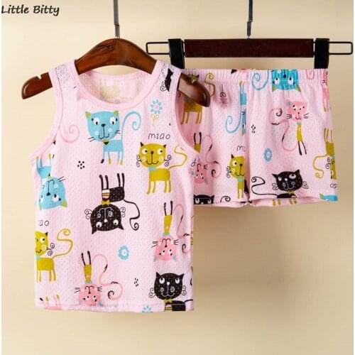 Baby Girls Clothes Childrens Pajamas Sleeveless Cotton Cat Animal Pajamas for 1 to 9 Years Kids Pyjamas Girl Sets Night Suit