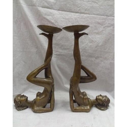 Wholesale factory 15" Chinese Bronze Beauty Belle Peri Statue Copper Candle Stick Holder Pair