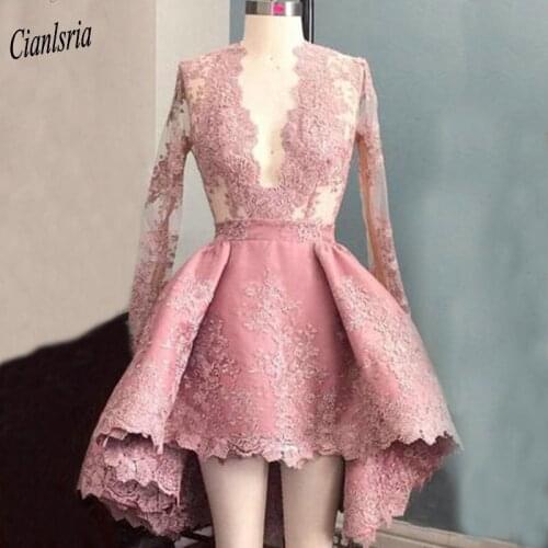Pink Deep V-Neck Hi-Lo Homecoming Dresses Illusion Top Long Sleeves Appliques Lace Short Graduation Dresses