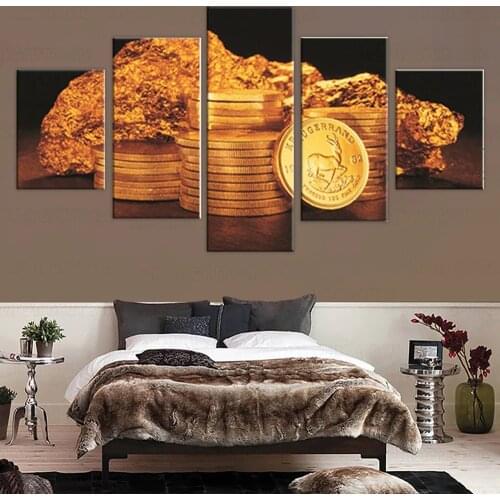 Modern Canvas Paintings Wall Art Living Room Home Decor 5 Pieces Golden Coins Posters Modular HD Printed Pictures Framework