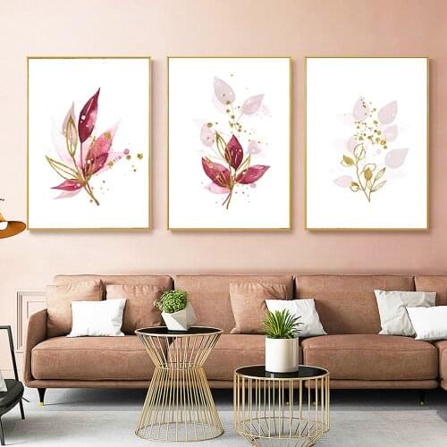 Modern Red Plants Gold Watercolor Leaves Canvas Painting Home Interior Wall Art Poster Pictures Canvas Painting For Living Room