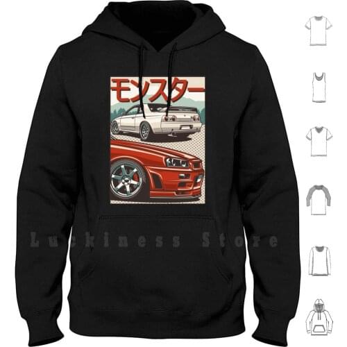 Monster Skyline Gtr R32 &amp ; R34 hoodies long sleeve Cars Automotive Automobile Stance Sportcar Japan Drift Legend