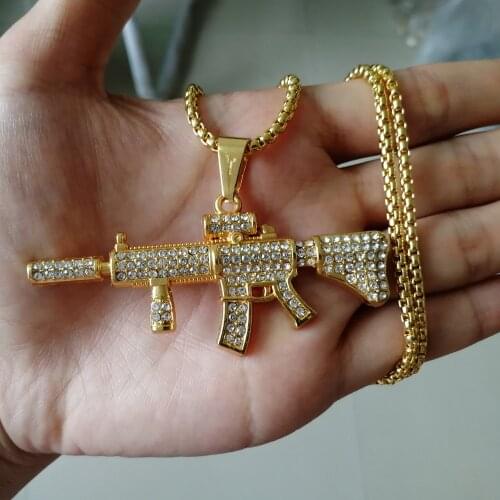 Hip Hop Rhinestones Paved Bling Iced Out Gold CS GO AK 47 Gun Pendants Necklace for Men Rapper Jewelry Drop Shipping