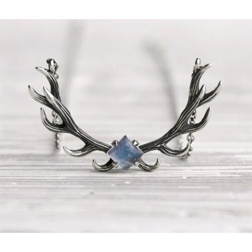 Retro Geometric Antlers Moonstone Pendant Necklace Temperament Womens Necklace Boho Jewelry Gift Party Girl Accessories