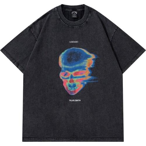 Harajuku Skeleton Printing T-shirt 2021 Summer Washed Black O-neck Cotton Women T-shirts Hip Hop Loose Women T-shirts Streetwear