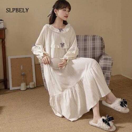 SLPBELY Sweet Princess Women Nightdress Nightgown Spring Autumn Long Sleeved Bow Nightshirt Sleepwear Homewear Nightwear Pyjamas