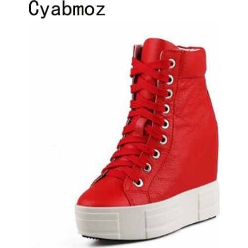 Cyabmoz Genuine Leather Height increasing Shoes Women Wedge Platform Casual Sneakers Hidden High heels Party Ladies Black Shoes